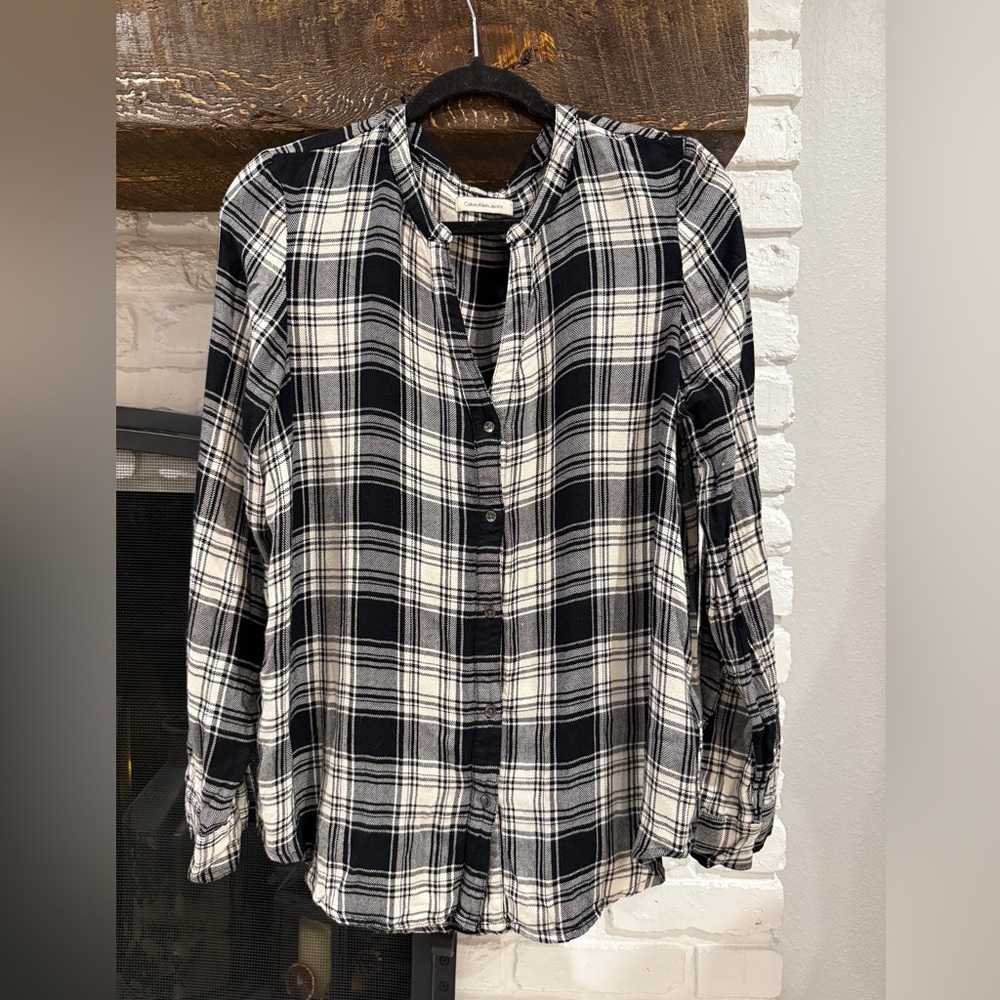 Calvin Klein Jeans Black White Plaid Button Down Collarless Shirt Size M